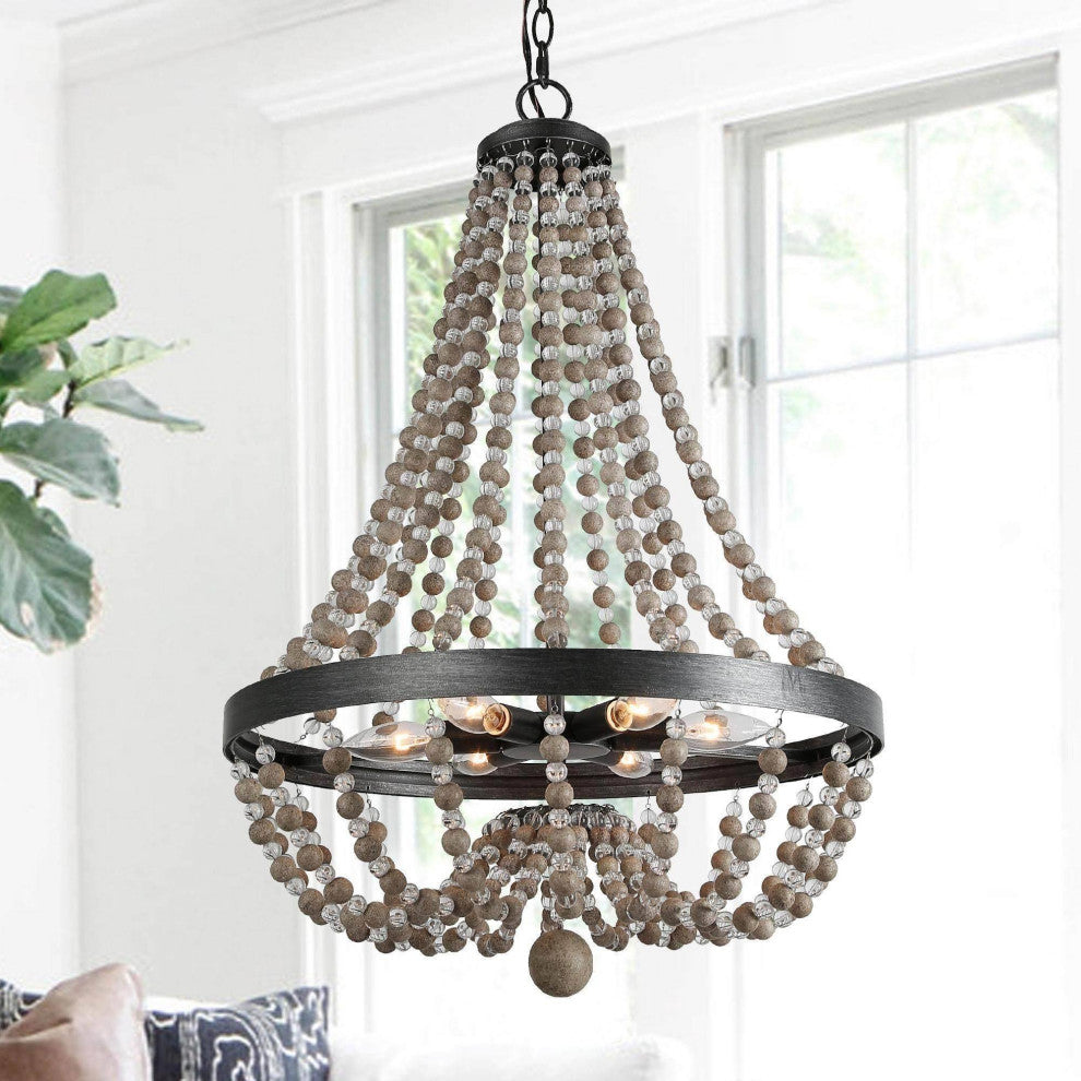 LNC 6-light Farmhouse Black Brushed Wood Beaded Bohemian Chandelier