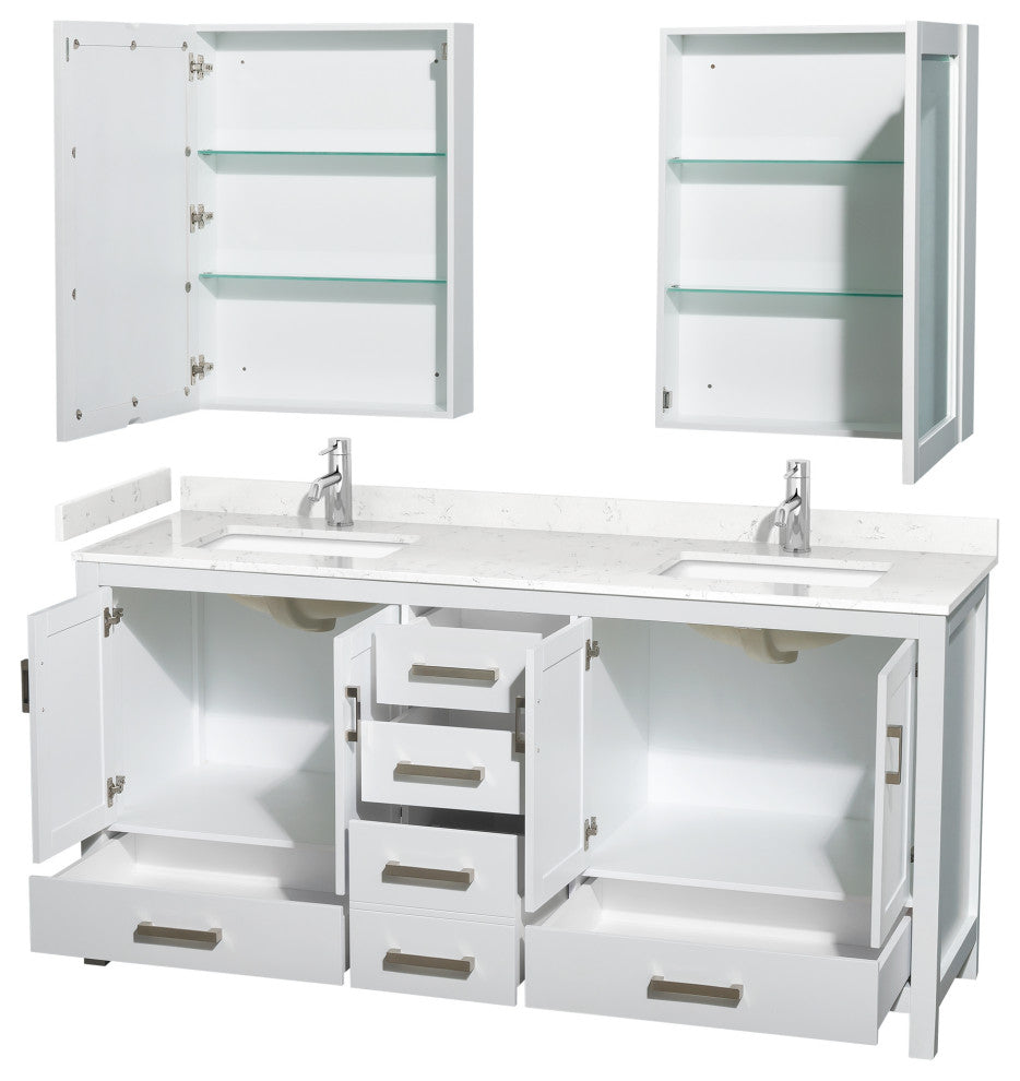 72"DBL Vanity White, Carrara Cult. Marble Countertop, Sinks, Med. Cabinets