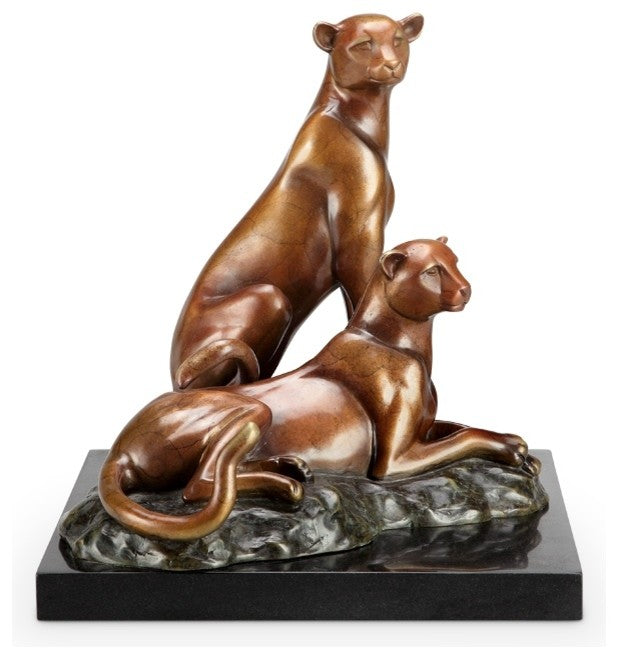 Alert Hand Painted Brass Cheetah Couple Statue on Marble Base