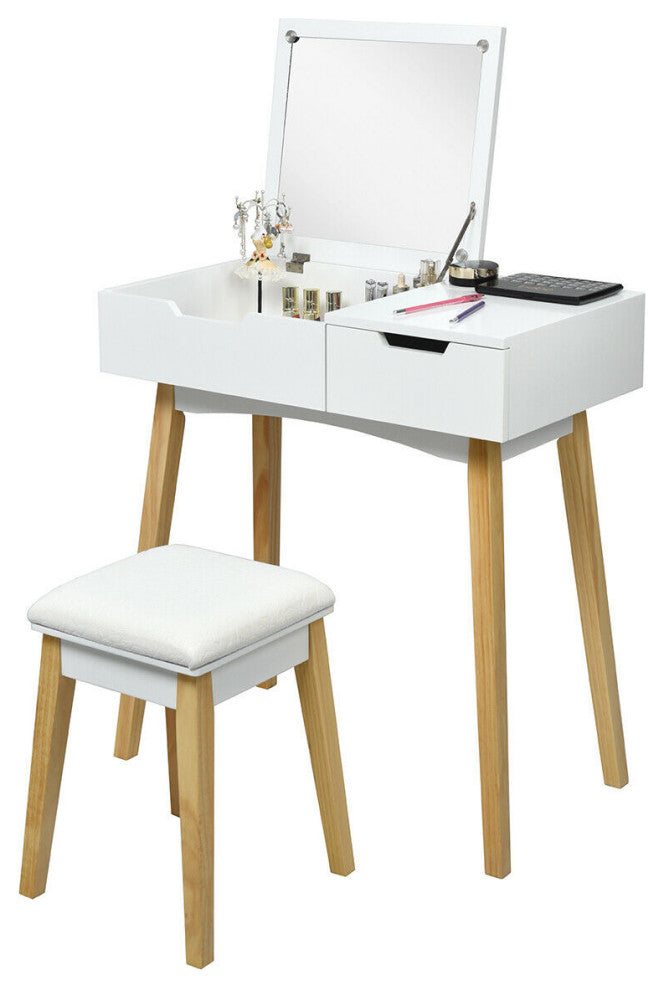 Costway Vanity Makeup Table Cushioned Stool Set W/Mirror &1 Drawer Writing Desk