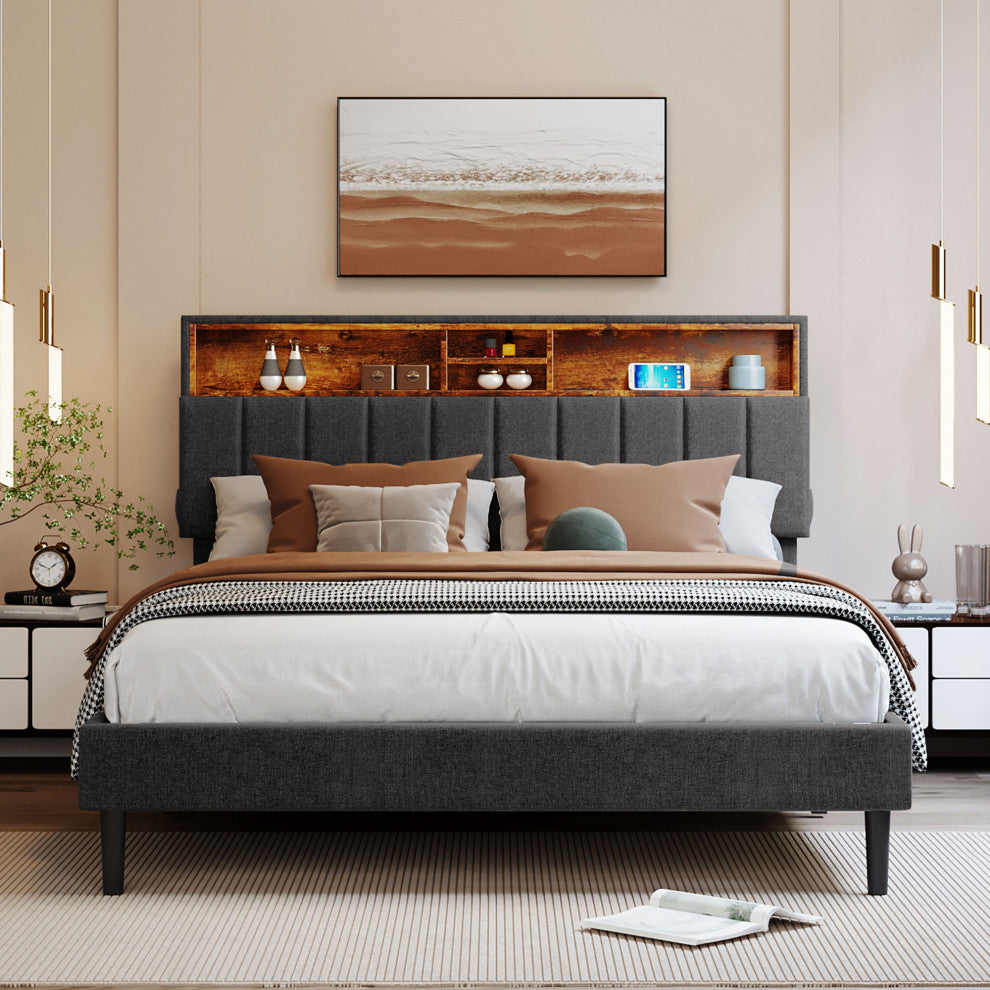 TATEUS Upholstered Platform Bed With Storage Headboard and USB Port, Gray, Queen
