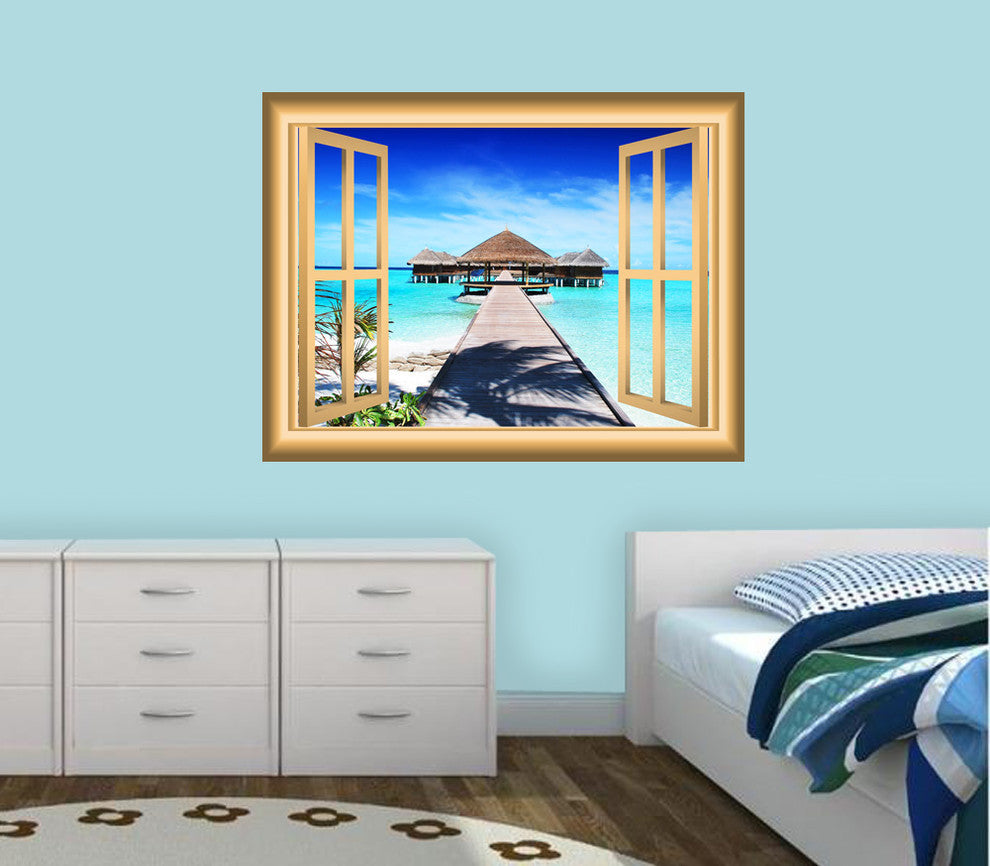 Beach Hut Decor Ocean Window Decal Peel and Stick Mural, 18"x22"