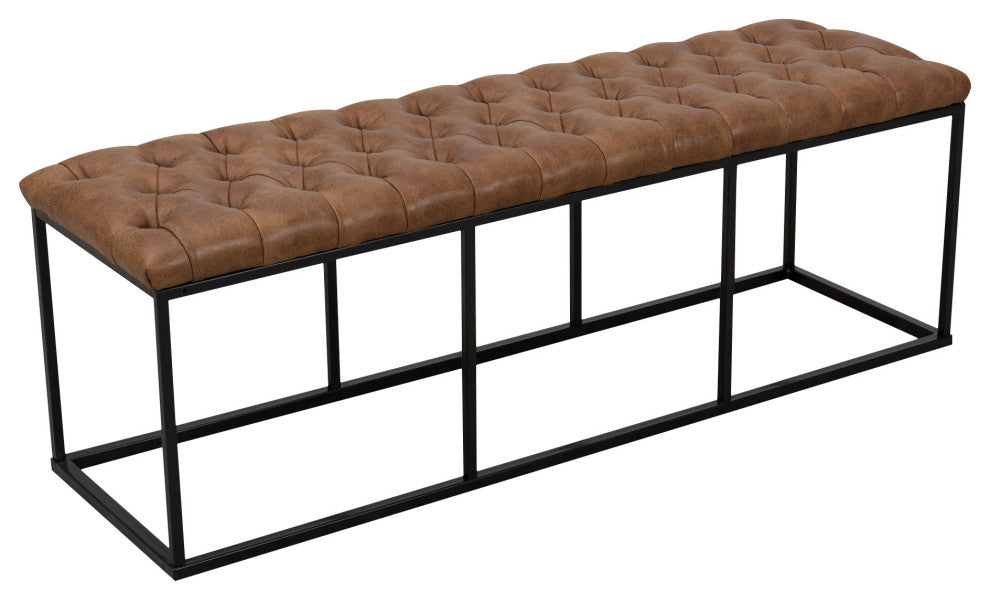 Benzara BM194860 Bench With Button Tufted Cushioned Seat and Metal Base, Brown