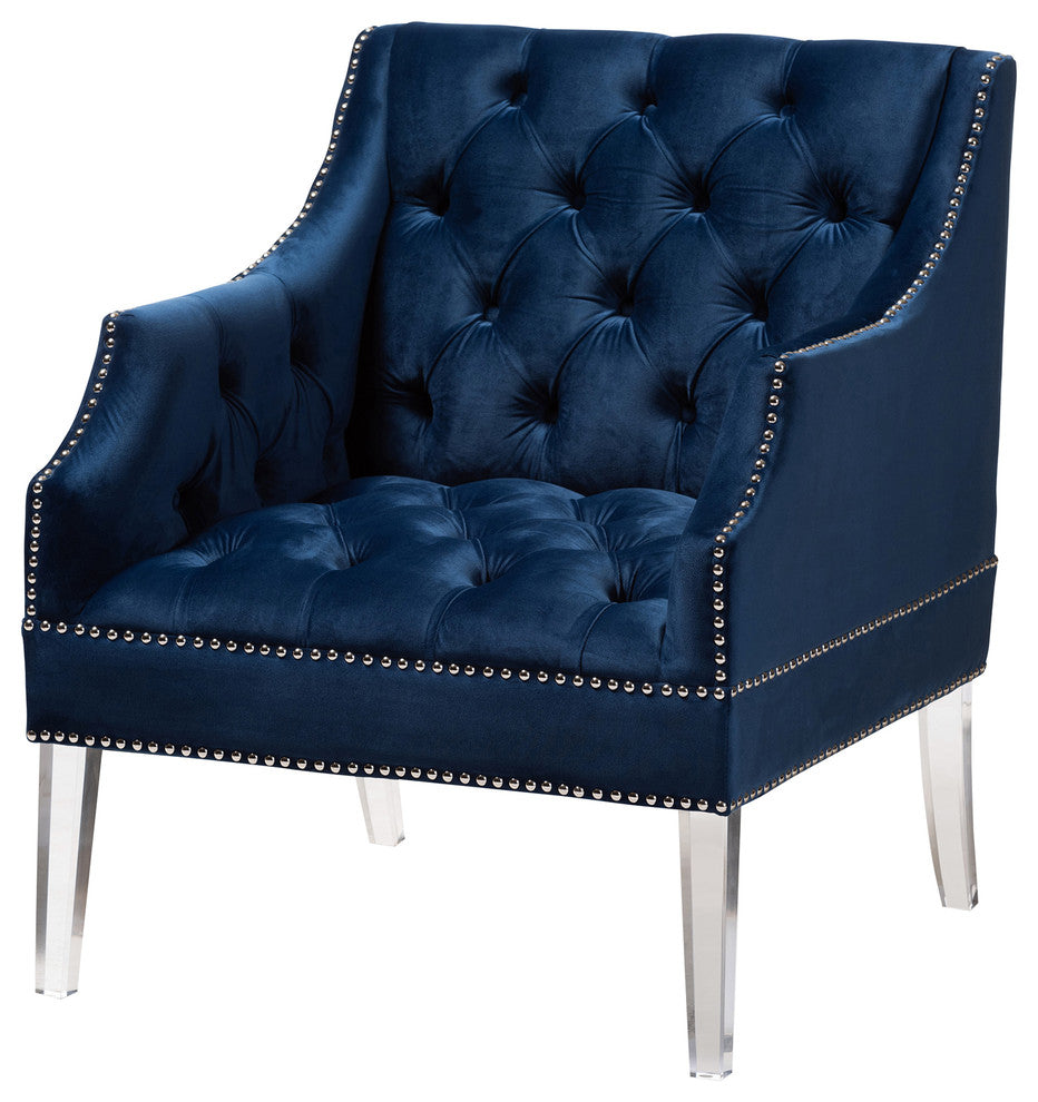 Jeana Contemporary Navy Velvet Fabric Lounge Chair With Acrylic Legs