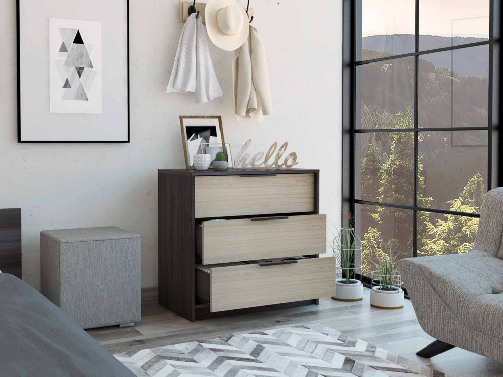 Washington 3 Drawer Dresser with Metal Handles, Black/Light Oak