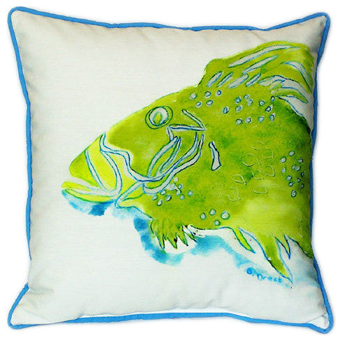Pair of Betsy Drake Green Fish Large Indoor/Outdoor Pillows 18x18