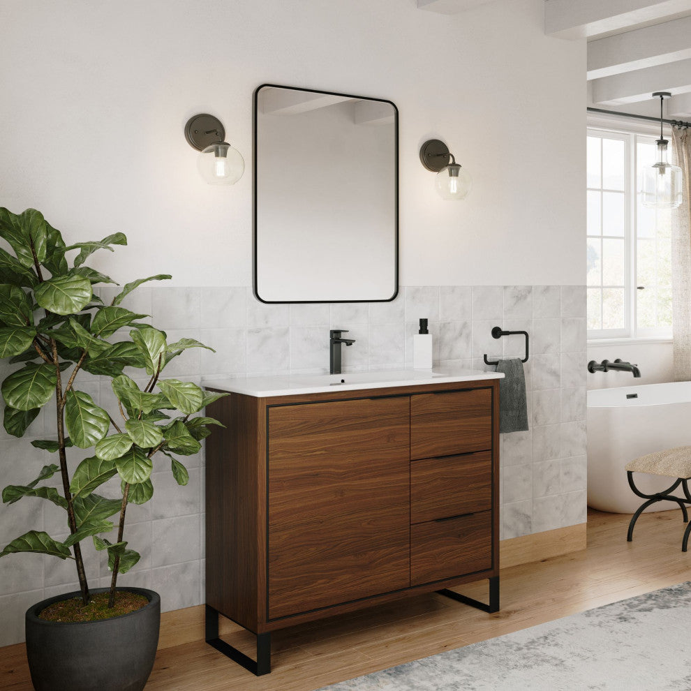 Bradford Bath Vanity, Walnut, 36", Black Hardware, Single Sink, Freestanding