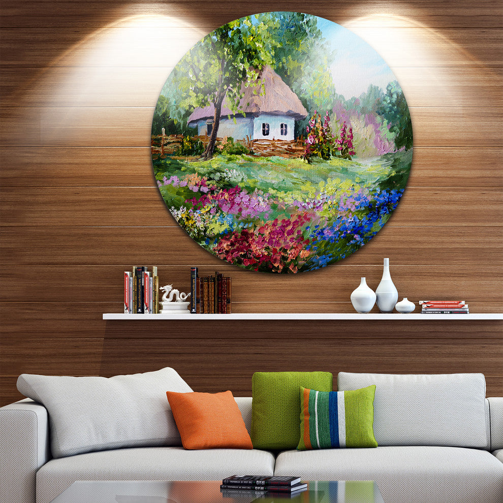 House In The Village Oil Painting, Landscape Round Wall Art, 23"
