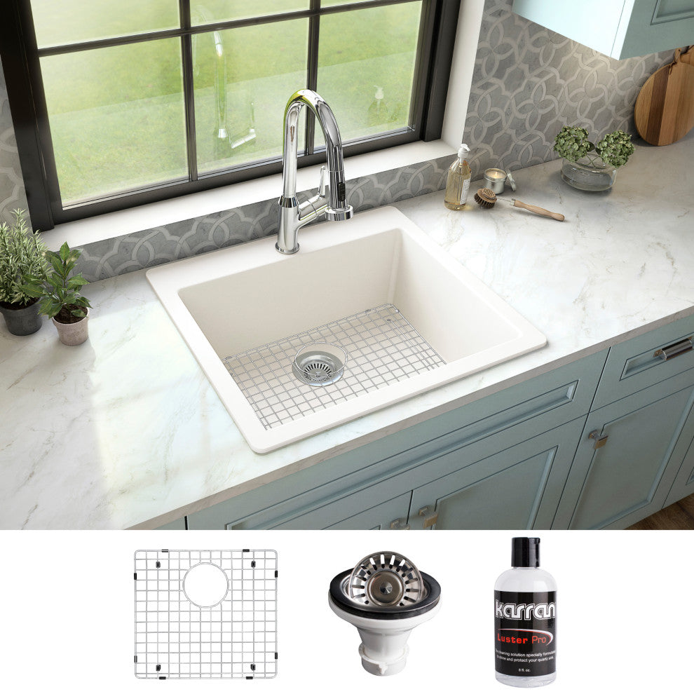 Karran QT-820 Top Mount 25" Single Bowl Quartz Kitchen Sink Kit, White