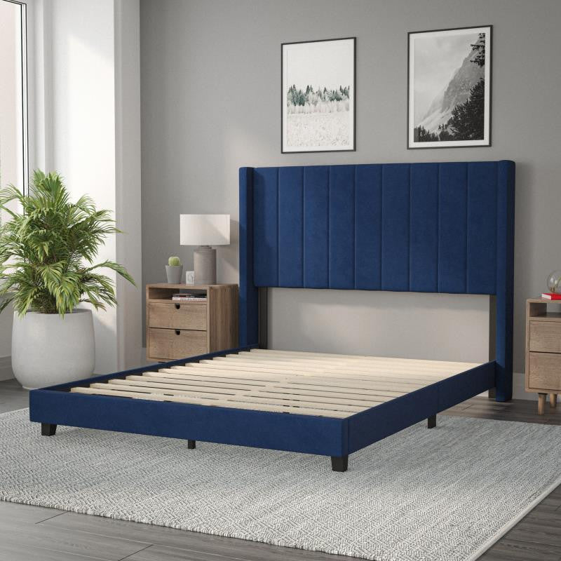 Bianca Upholstered Platform Bed w/Vertical Stitched Wingback Headboard, Navy Velvet, Queen