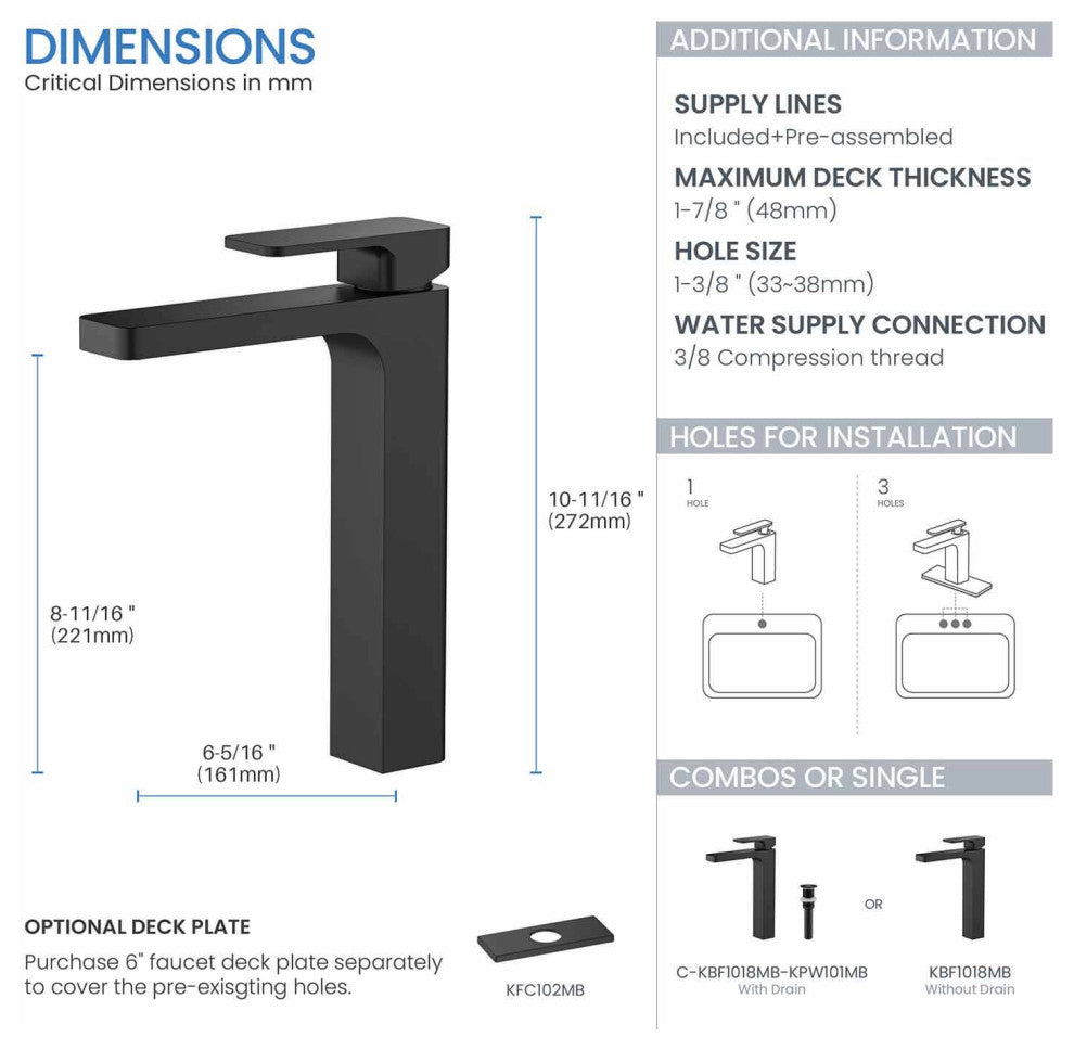 Blaze-T Single Handle Bathroom Vessel Sink Faucet, Matte Black
