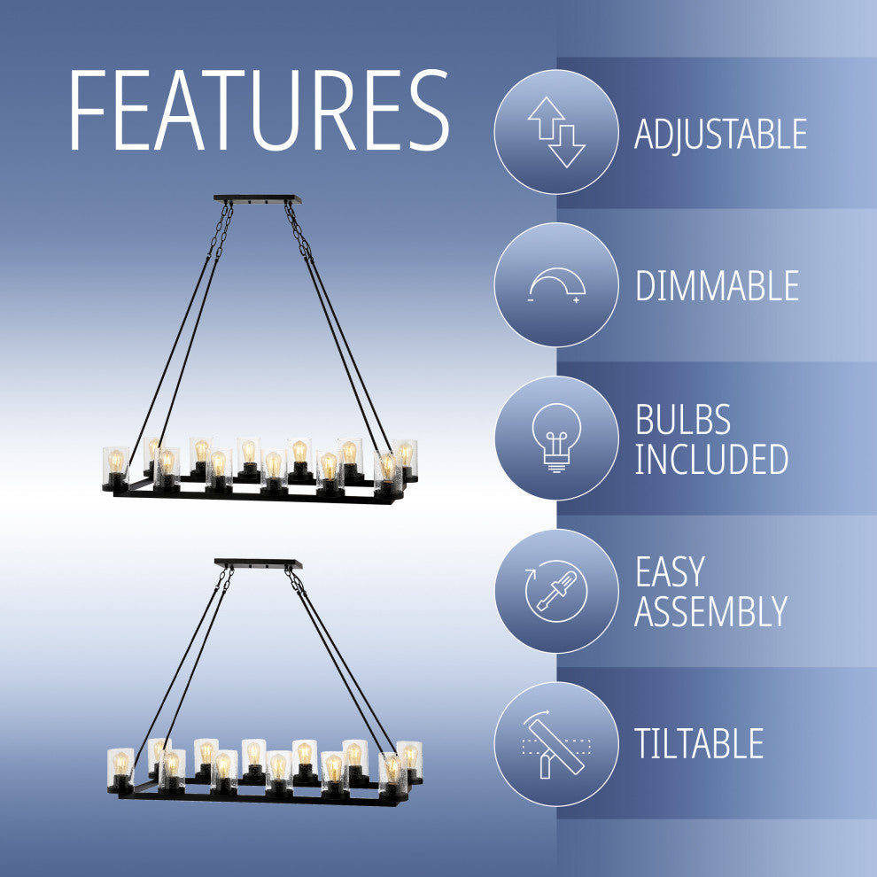 Athos 45" 12-Light Glass/Iron Rustic Farmhouse LED Candelier, Oil Rubbed Bronze