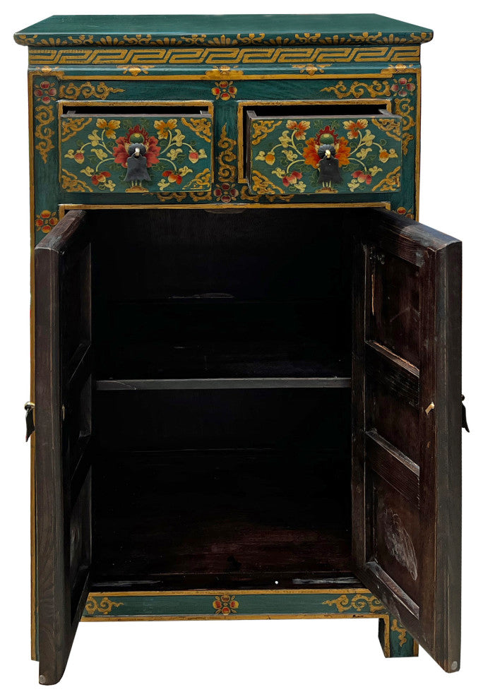 Distressed Teal Blue Green Tibetan Floral End Table Nightstand Cabinet Hcs7621