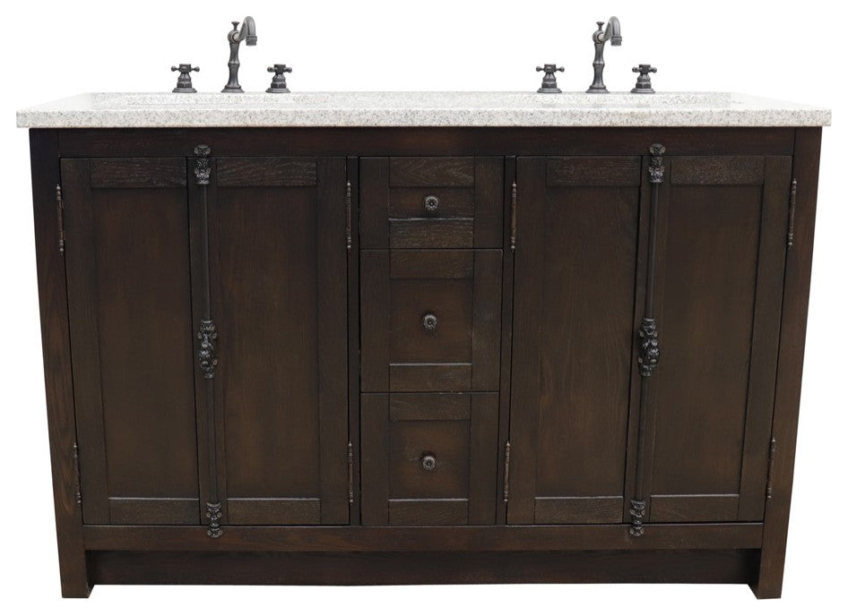 55" Double Vanity, Brown Ash Finish With Gray Granite Top