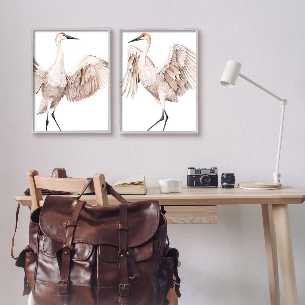 Simple White Crane Birds Standing Open Wings Illustration, 2pc, each 16 x 20