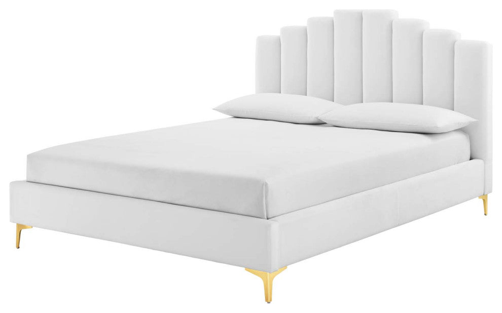 Platform Bed Frame, Queen Size, Velvet, White, Modern Contemporary, Bedroom