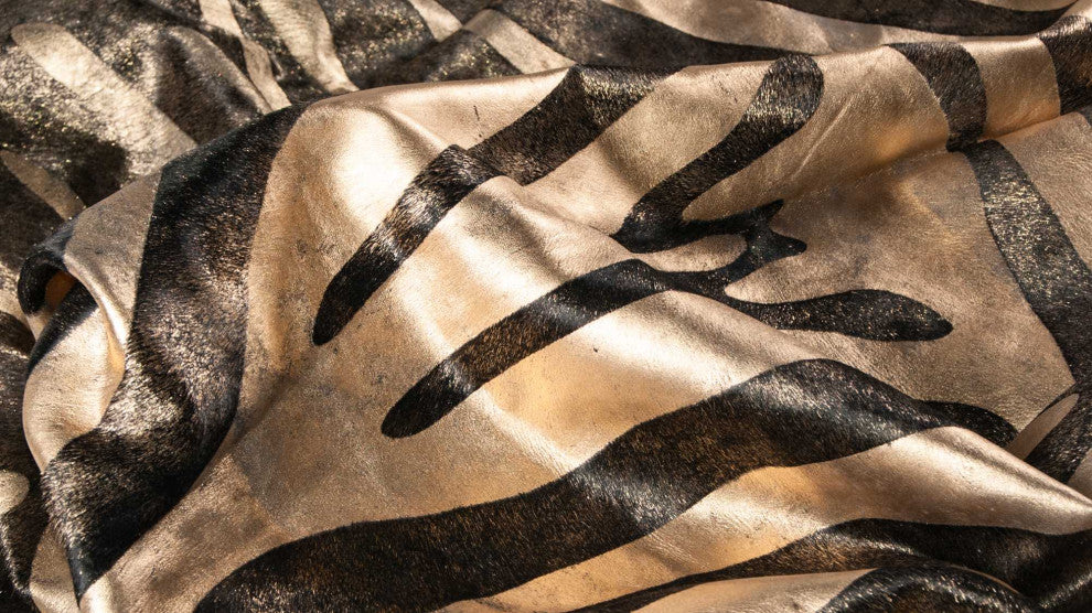 72" X 84" Zebra Black On Gold Cowhide  Area Rug
