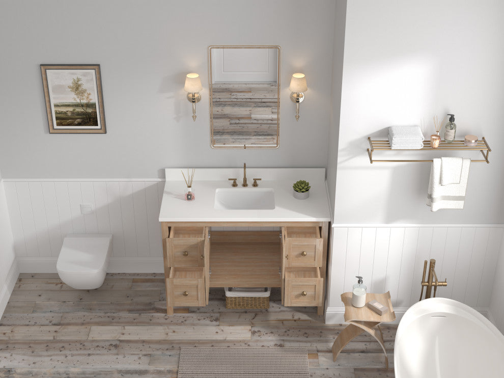 Modern Light Oak Sera Bathroom Vanity With White Quartz Top, 48" Single Sink
