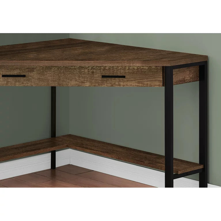 Contemporary Corner Desk, Large Drawer & Lower Open Shelf, Reclaimed Wood