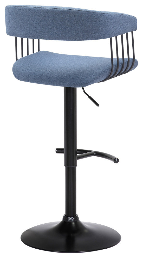 Calista Adjustable Bar Stool, Blue Fabric With Black Metal, Blue
