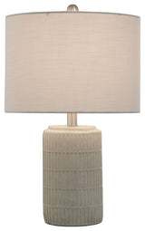 Joni Ceramic Table Lamp-Natural Cement Grey Finish-Heathered Off/White Drum