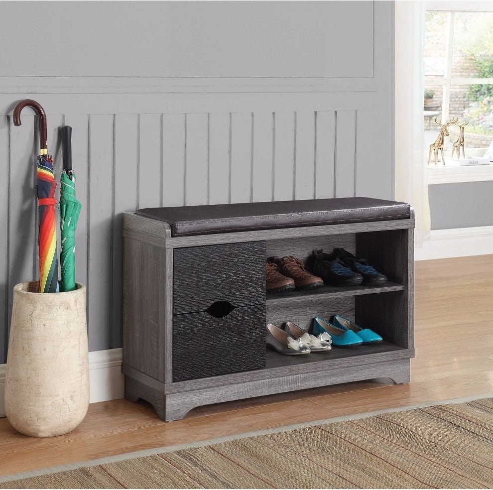 Benzara BM160276 Sophisticated Shoe Cabinet with Leatherette Seat, Black