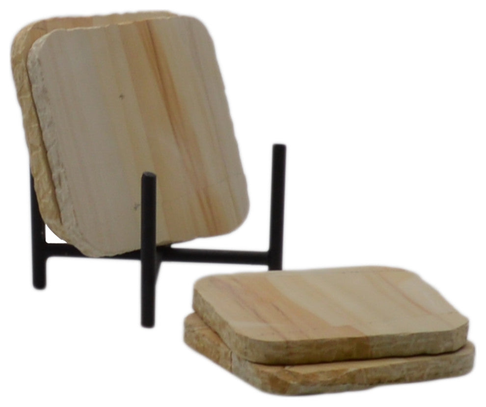 4-Piece Chiseled Coaster Set with Metallic Caddie, Teak Stone