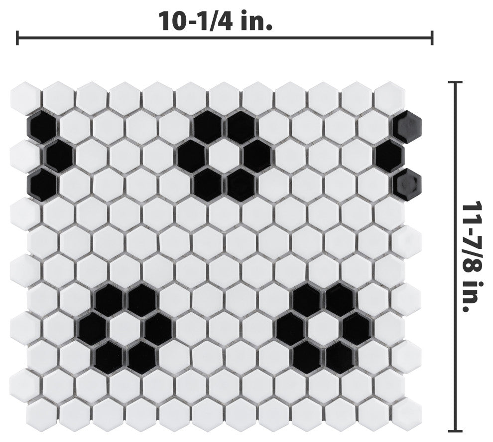 Metro 1" Hex Porcelain Mosaic Floor and Wall Tile, Glossy White With Heavy Flower