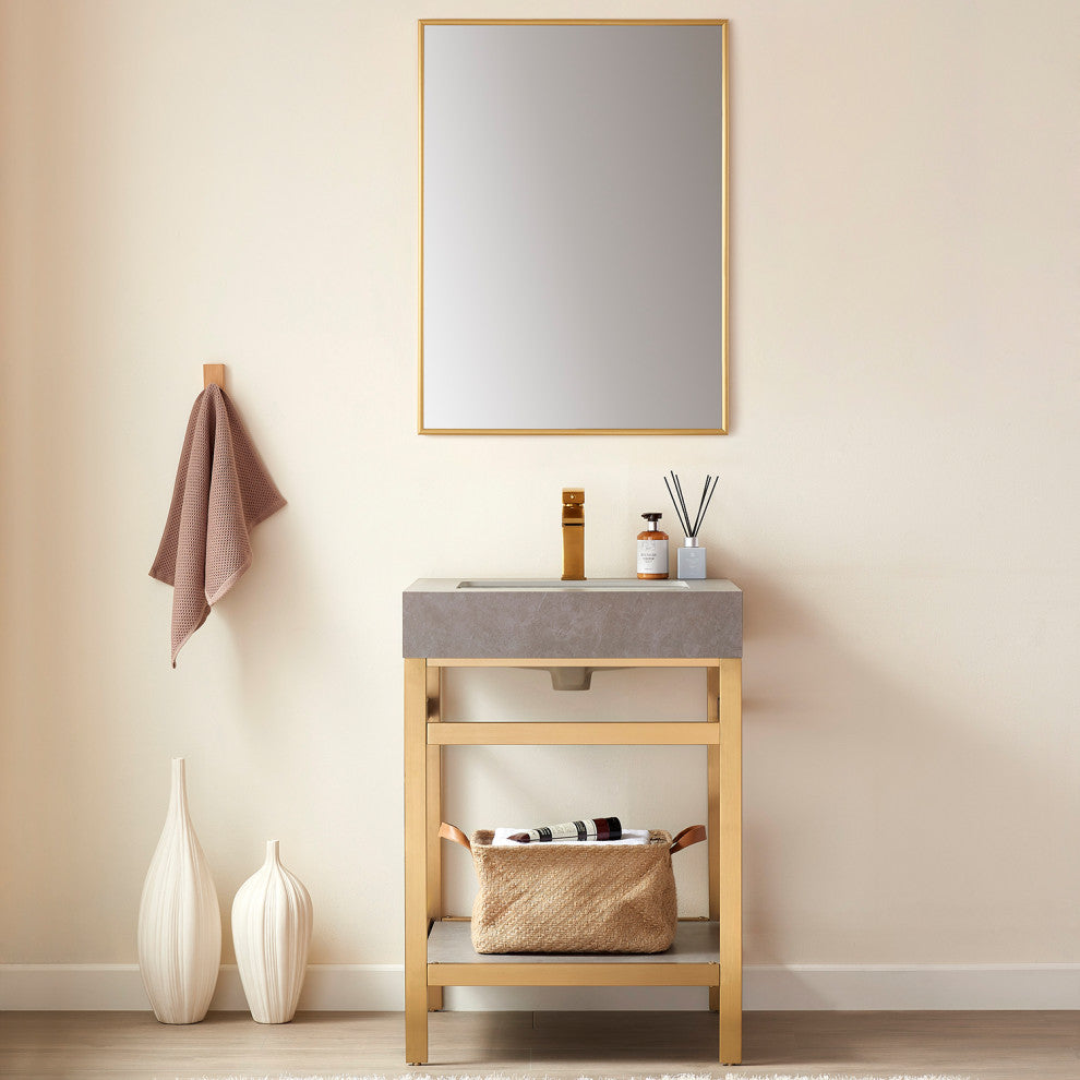 Viella Rectangular Aluminum Wall Mounted Mirror, Brushed Gold, 24"