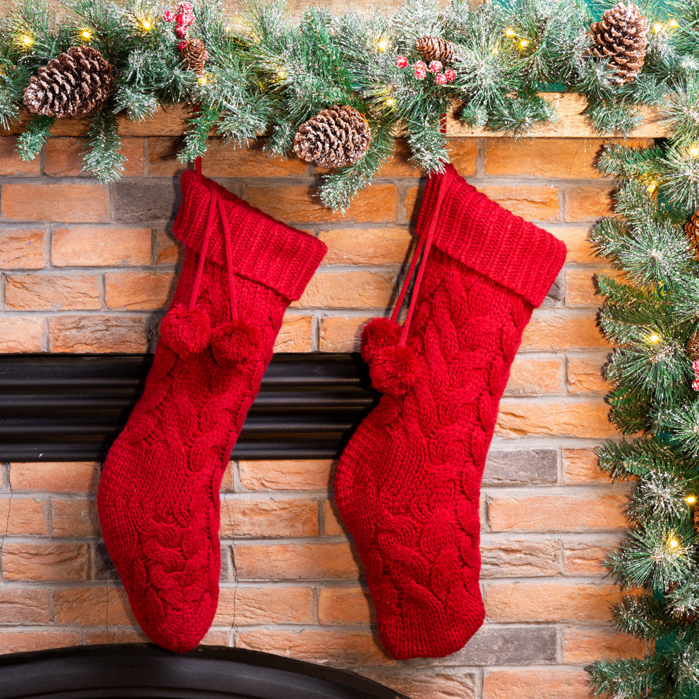 2-Pack 24"L Knitted Polyester Christmas Stocking With Pom Pom Ball, Red
