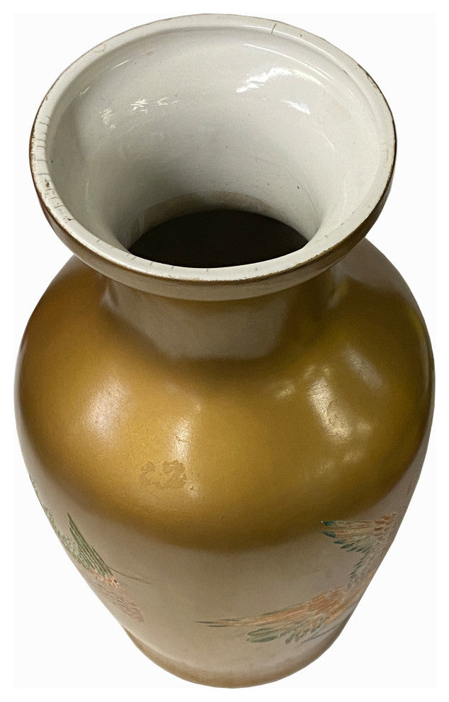 Vintage Handmade Chinese Matte Gold Paint Cranes Motif Vase Hws1847