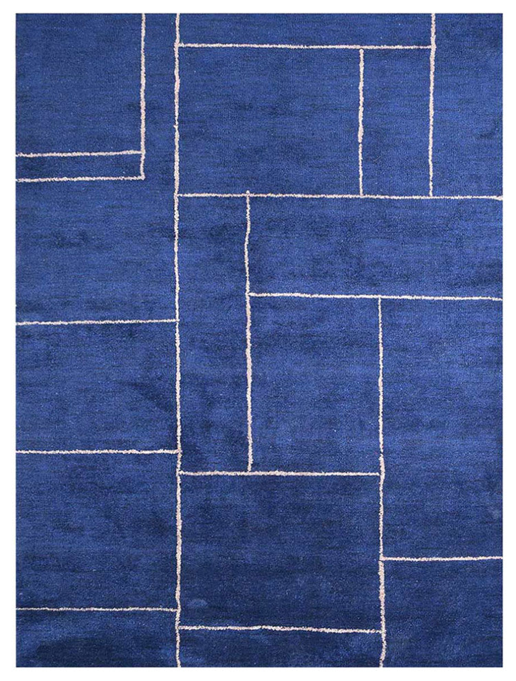 HAND KNOTTED LOOM SILK ECO-FRIENDLY AREA RUGS-5'x8',Rectangle,Navy,Geometric