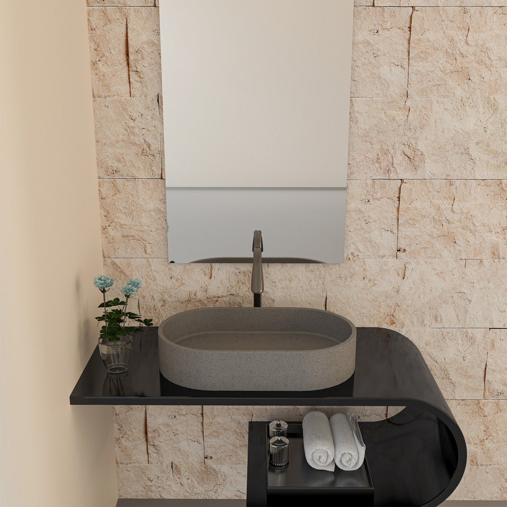 23in Bathroom Concrete Oval Vessel Sink with Drainer, Mottled Bluish Grey