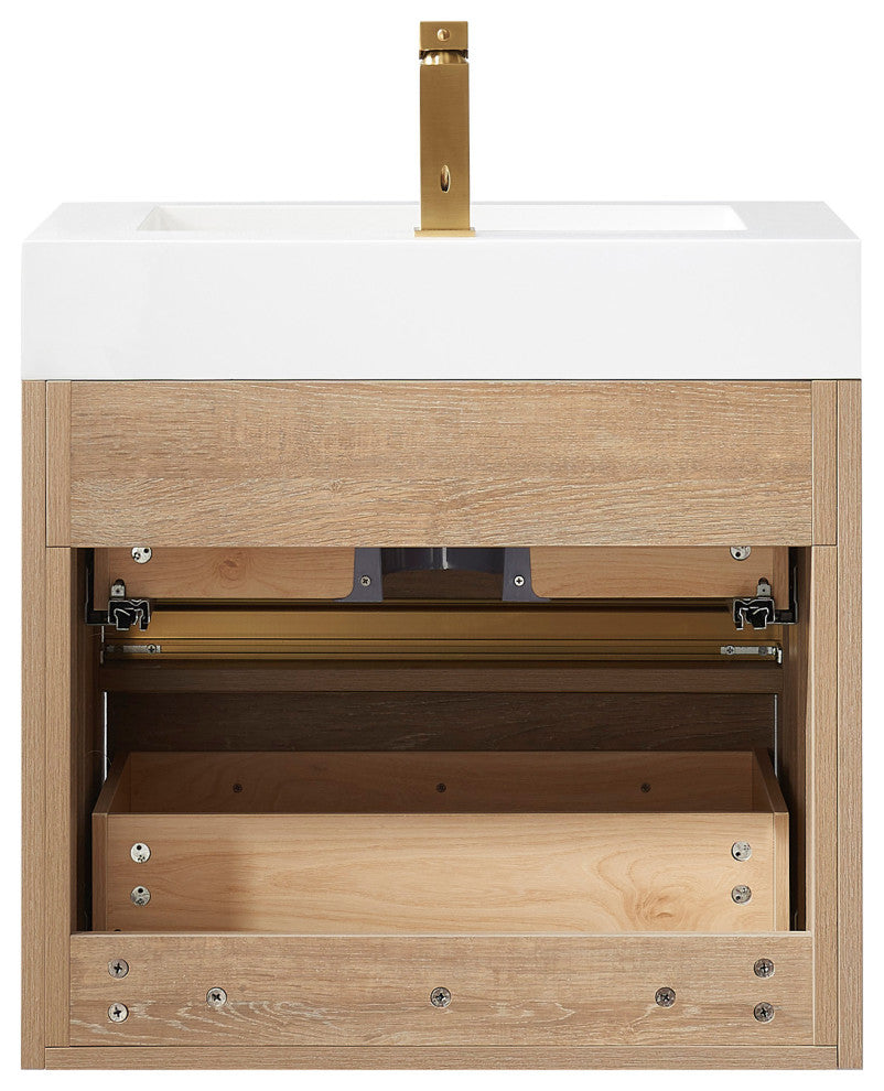 Palencia Floating Bath Vanity With Composite Stone Top, North American Oak, 24", No Mirror