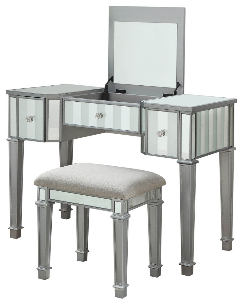 Unique Vanity Set, Mirrored Design With Liftable Tabletop With Mirror, Silver