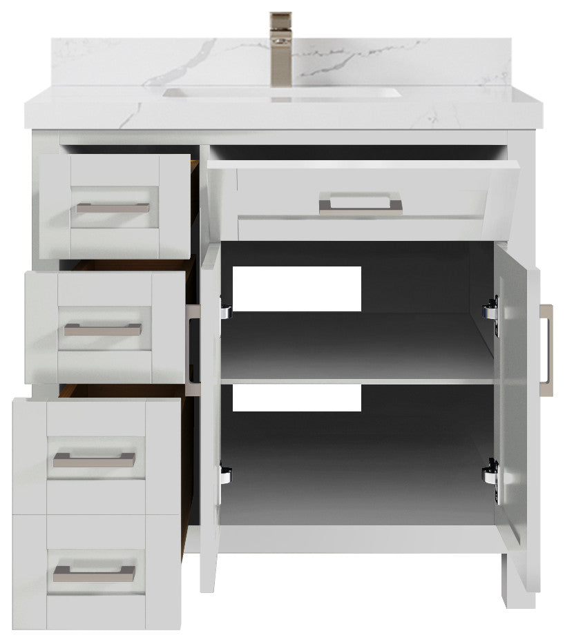 Cambridge 36 Center Sink Bath Vanity in Coventry Gray 2" Calacatta Laza