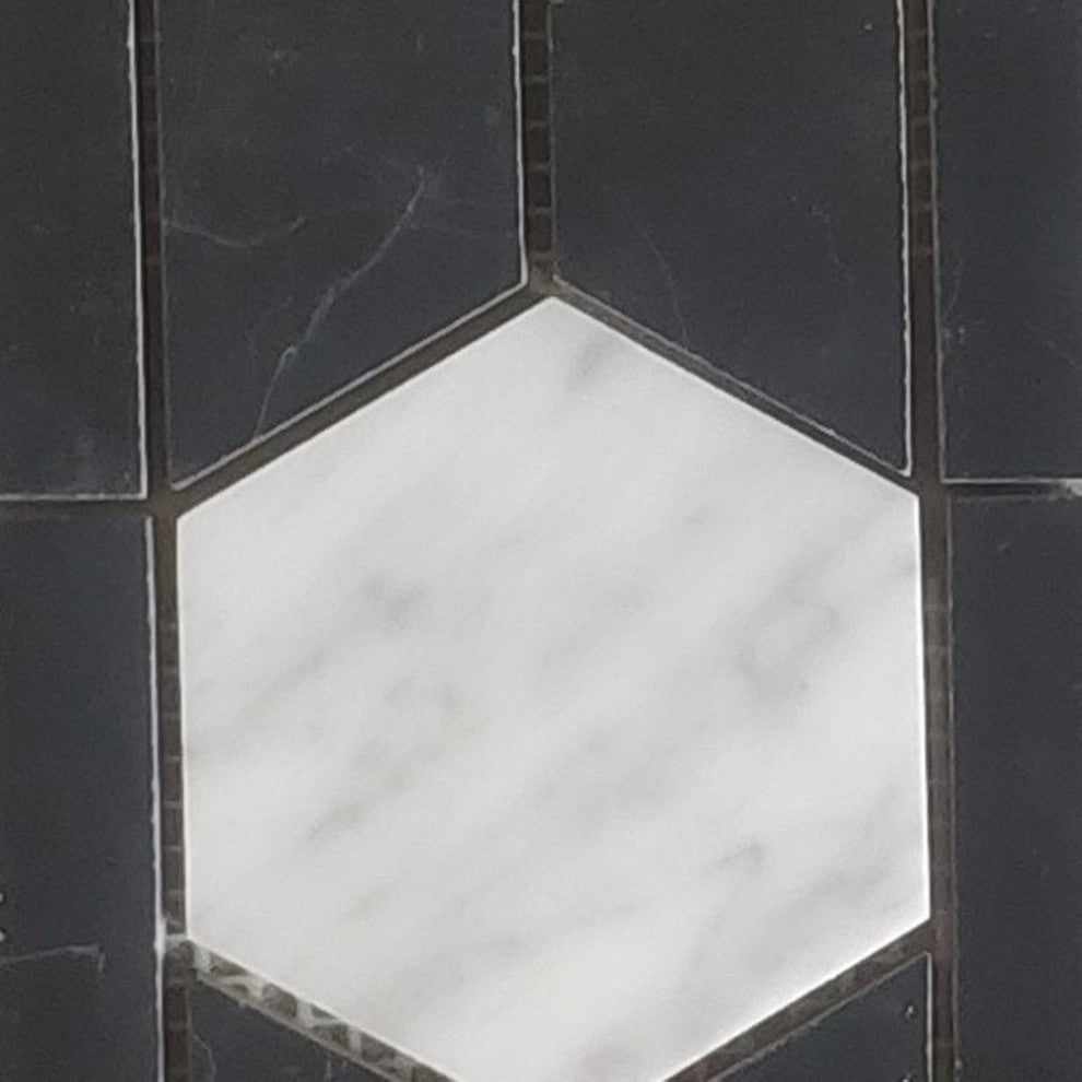 Carrara White Marble 3 Hexagon Black Mosaic Border Listello Tile Honed, 1 sheet