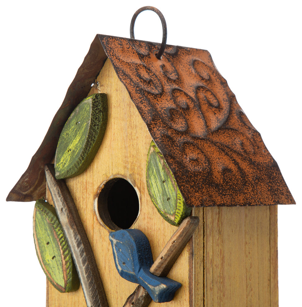 9.75"H Washed Yellow Distressed Solid Wood Birdhouse With 3D Tree and Bird