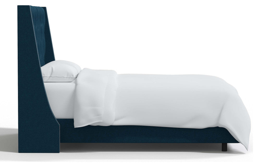 Tufted Sloped Wingback Bed, Nail Trim, Zuma Navy, California King