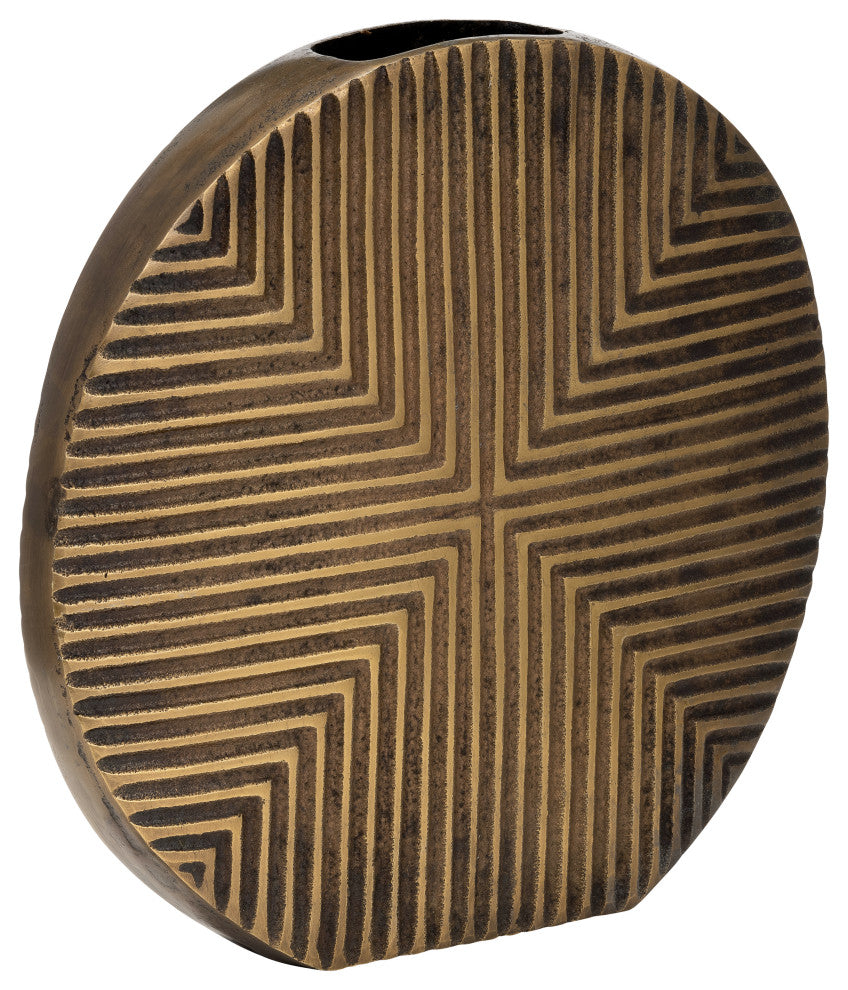 Metal, 13"H Round Ribbed Vase, Brass Antique