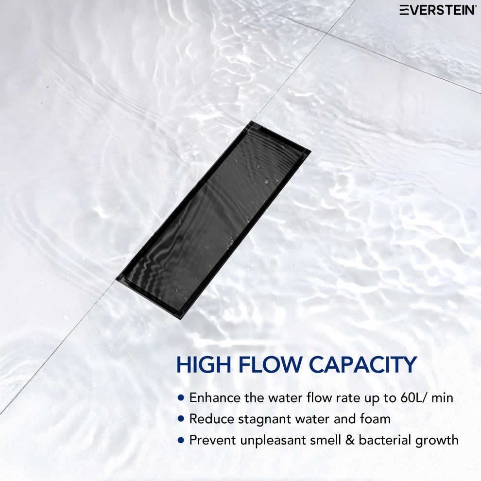 Linear Shower Drain with Hair Strainer and Reversible Tile Insert Cover, Matte Black
