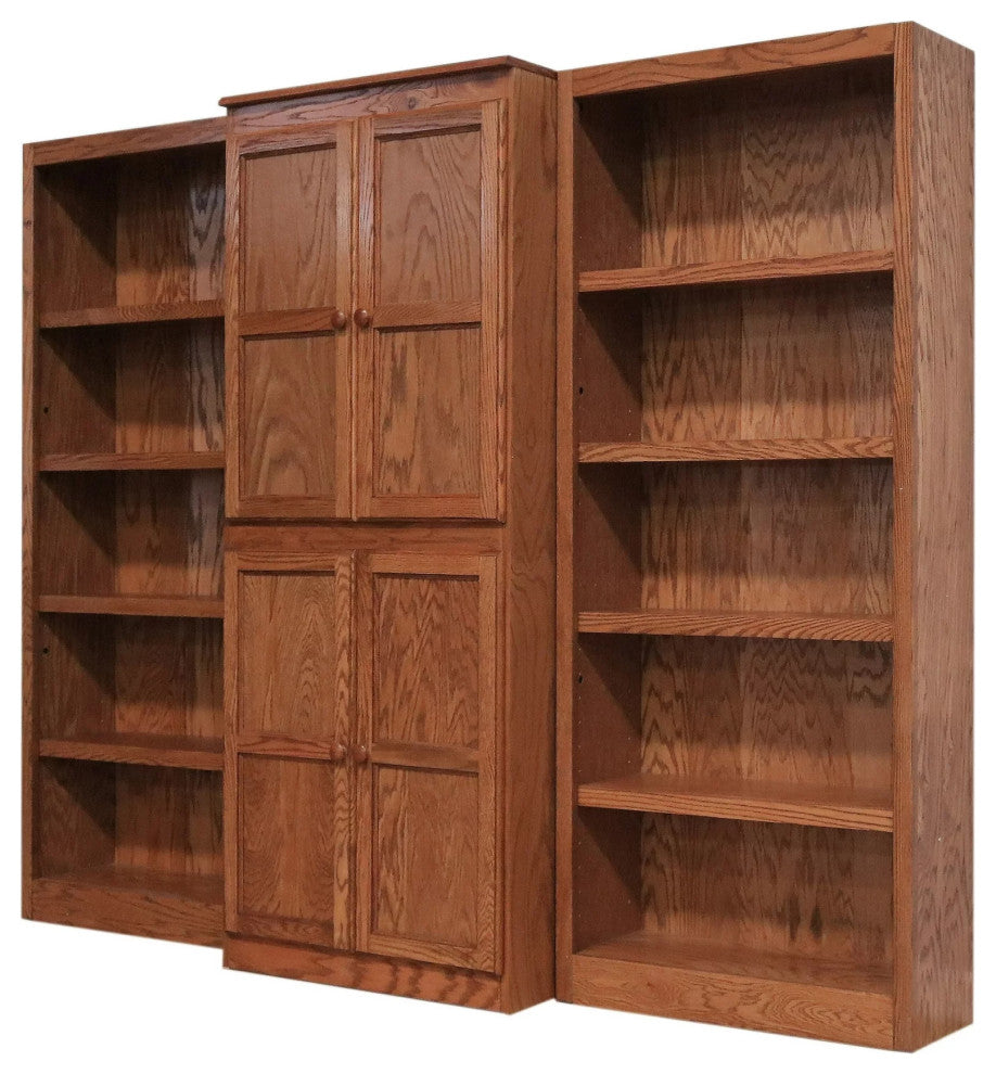 Classic Bookcase, Wide Design With Center Cabinets & Multiple Shelves, Oak