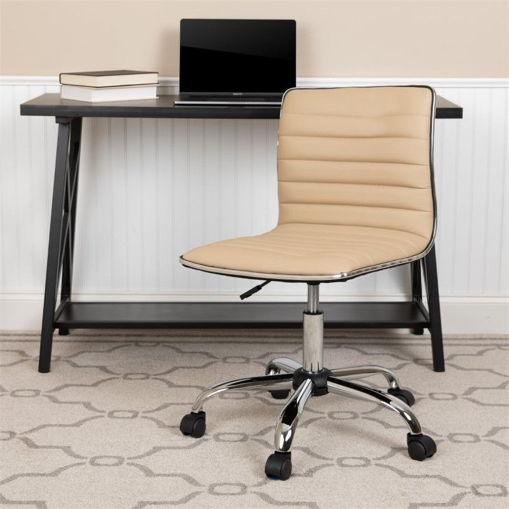 Low Back Armless Ribbed Swivel Task Office Chair, Tan Vinyl, Chrome Frame