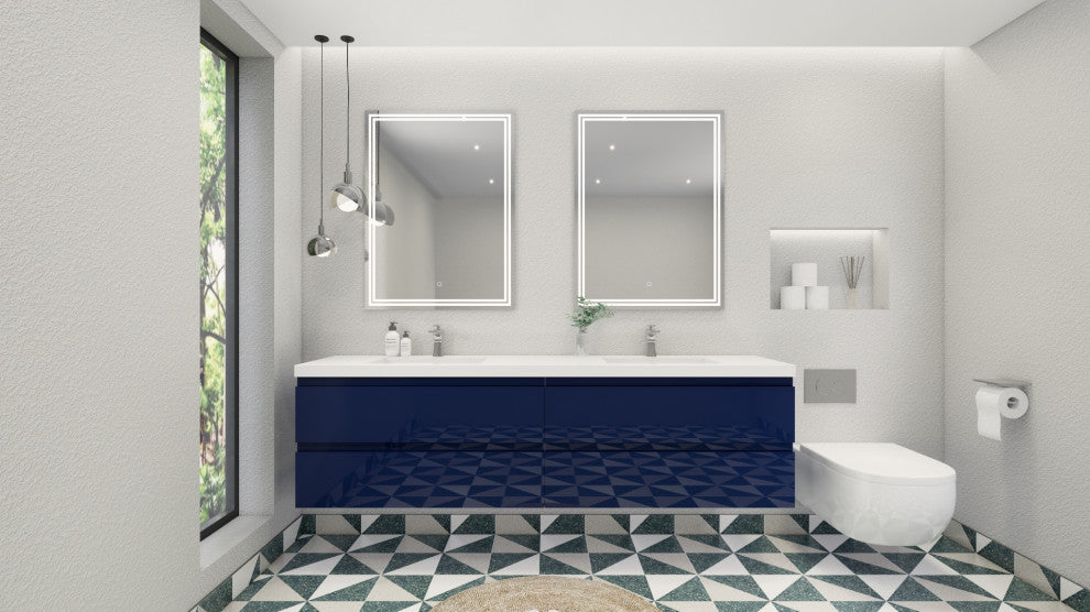 Belli 84" Double Sink Wall Mount Vanity Set, High Gloss Night Blue, Glossy White Top