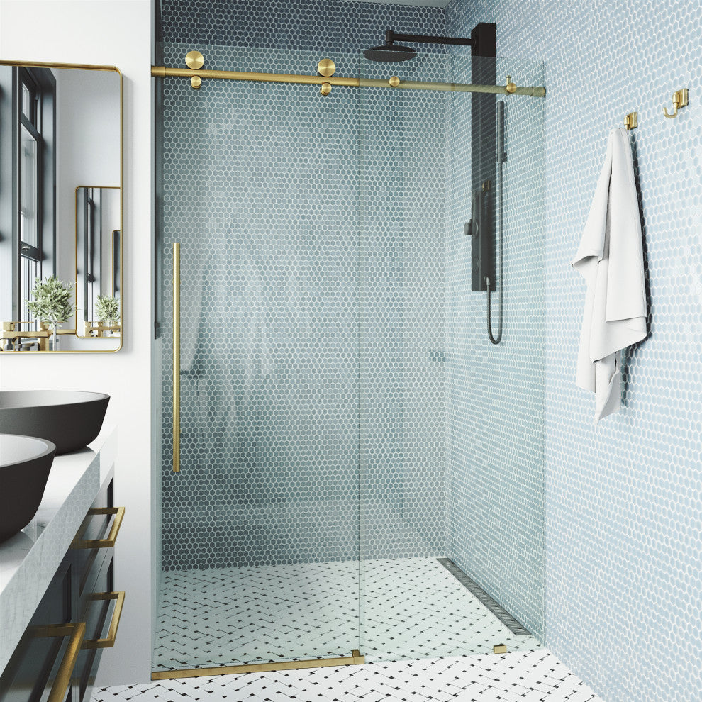 VIGO Elan E-Class 52" to 56" W x 76" H Frameless Sliding Shower Door, Matte Gold, Clear Glass