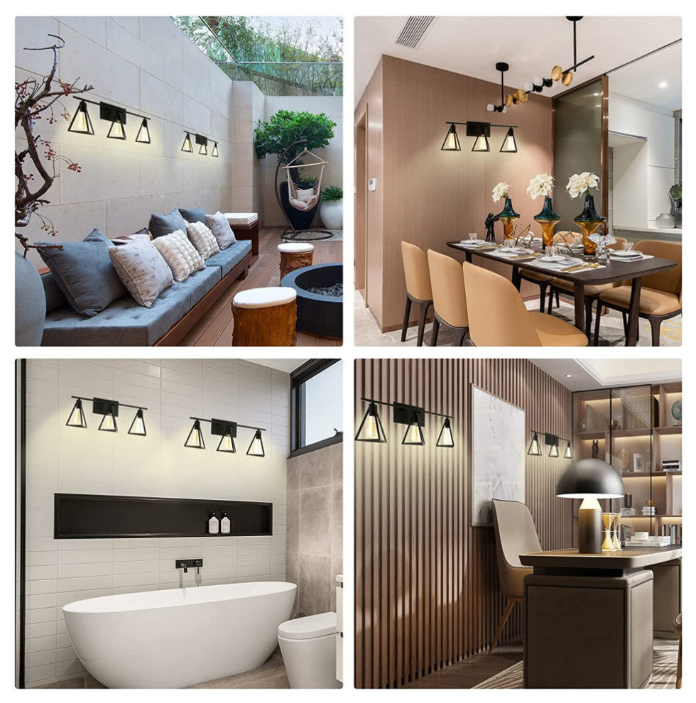 3-Light Bathroom Wall Sconce Lighting Over Mirror Black Triangle Wall Mounted