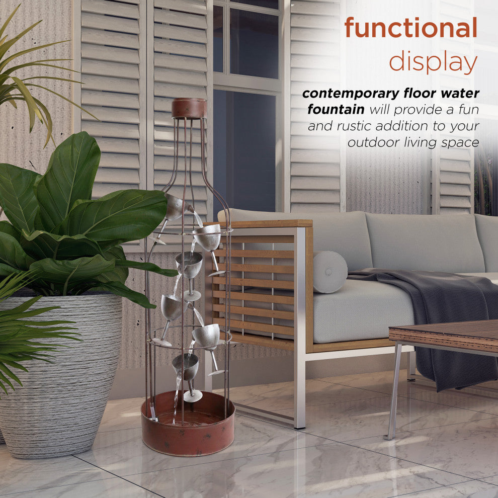 44" Tall Indoor/Outdoor Bottle Shaped Water Fountain With Tiering Wine Glasses