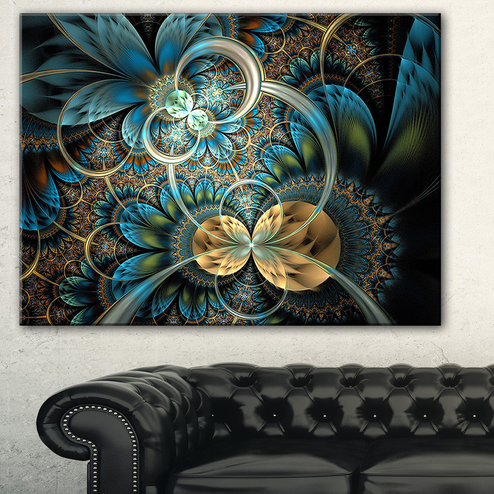 "Symmetrical Blue Gold Fractal Flower" Digital Wall Art, 40"x20"
