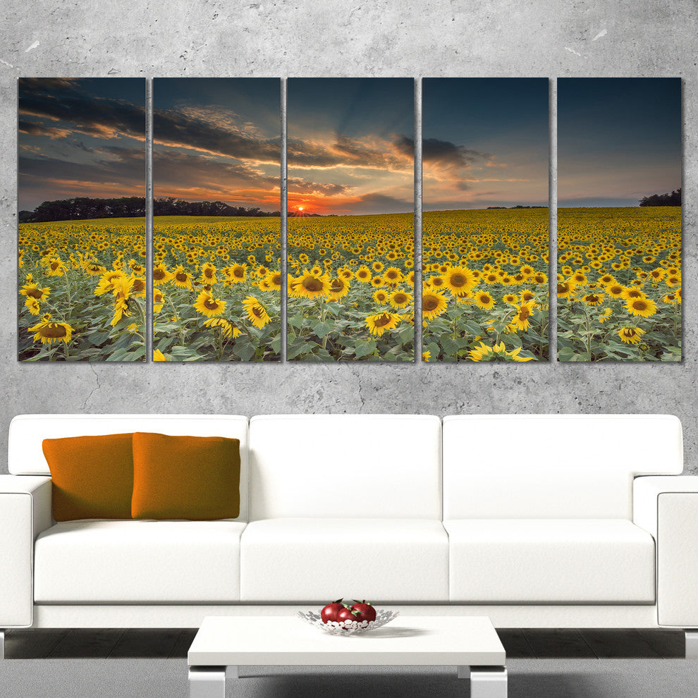 Sunflower Sunset with Cloudy Sky, Large Landscape Canvas Art, 60"x28", 5 Panels