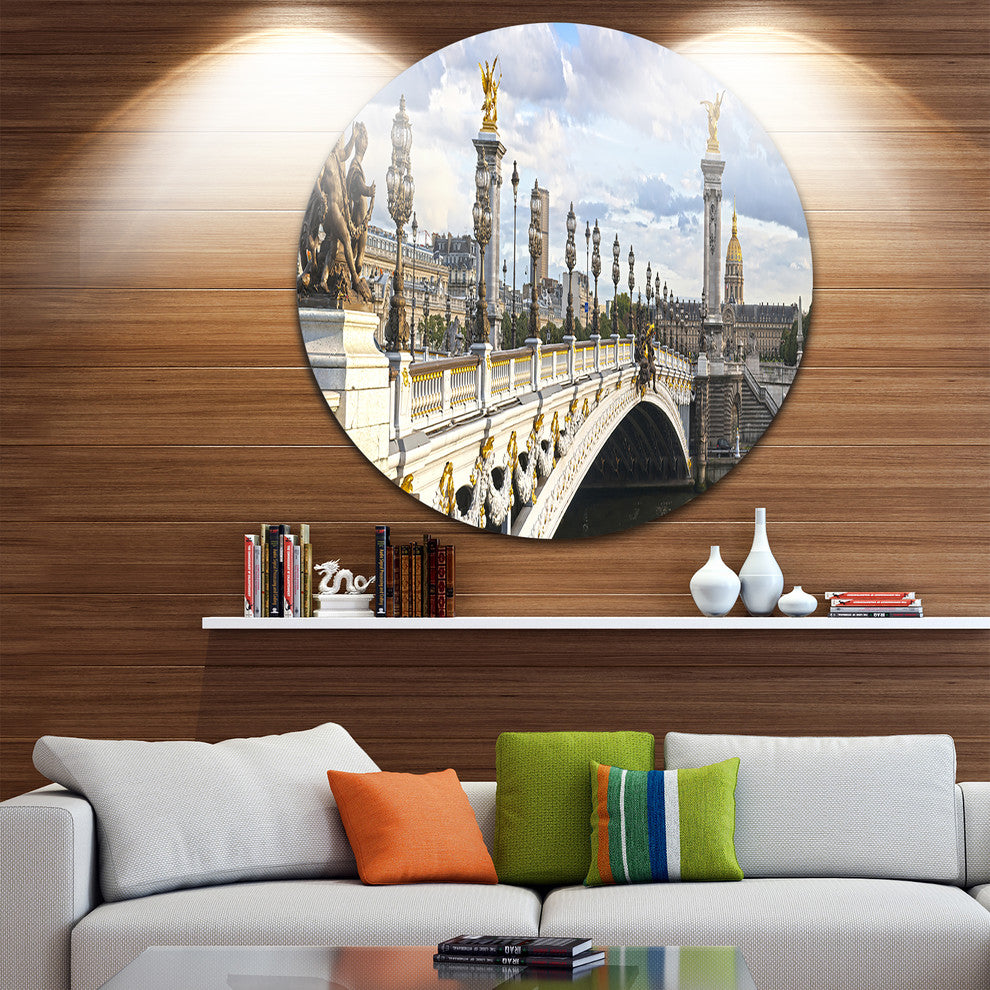 Alexandre Iii Bridge Panoramic View, Photo Round Metal Wall Art, 11"